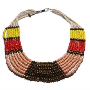 Vintage 90s Glass Bead Brown, Yellow, Red 7 Strand Southwestern Necklace